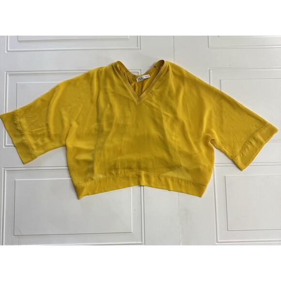Zara Womens Yellow V-Neck Pullover Blouse Top Size Small Sheer Overlay Oversized - Picture 1 of 6